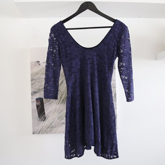 FREE PEOPLE Katya 3/4 Sleeve Lace Navy Blue Dress - Picture 3 of 8